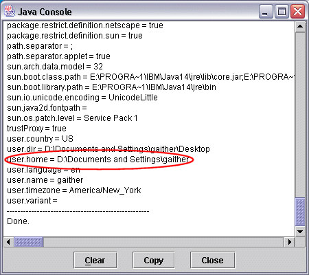 Java Console window showing user.home