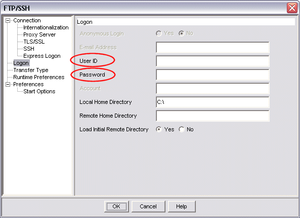 Logon configuration window for an sftp session
