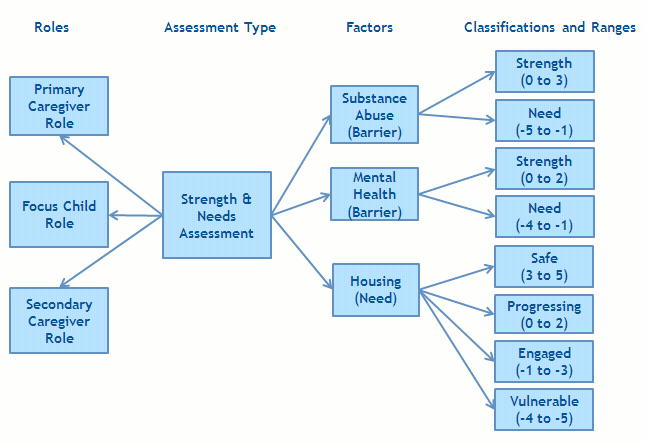 Figure that illustrates the structure of an assessment and the categorization and classifications of factors within that assessment.